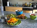 Mushroom Avocado Burgers with asparagus, peppers and mixed potatoes